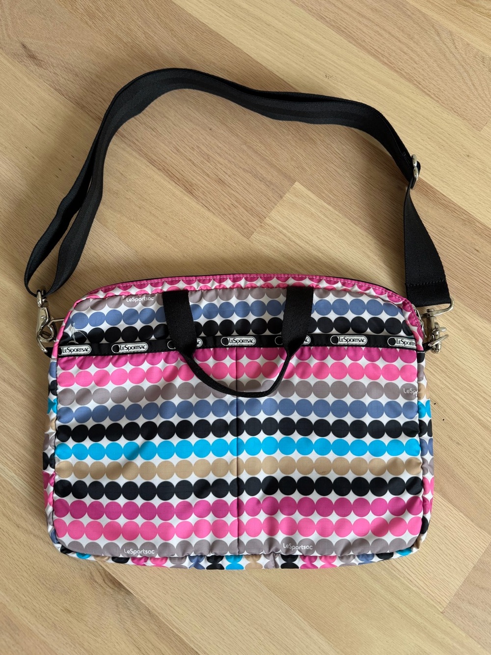 LeSportsac padded laptop messenger bag multi-colored horizontal polka dot NWOT